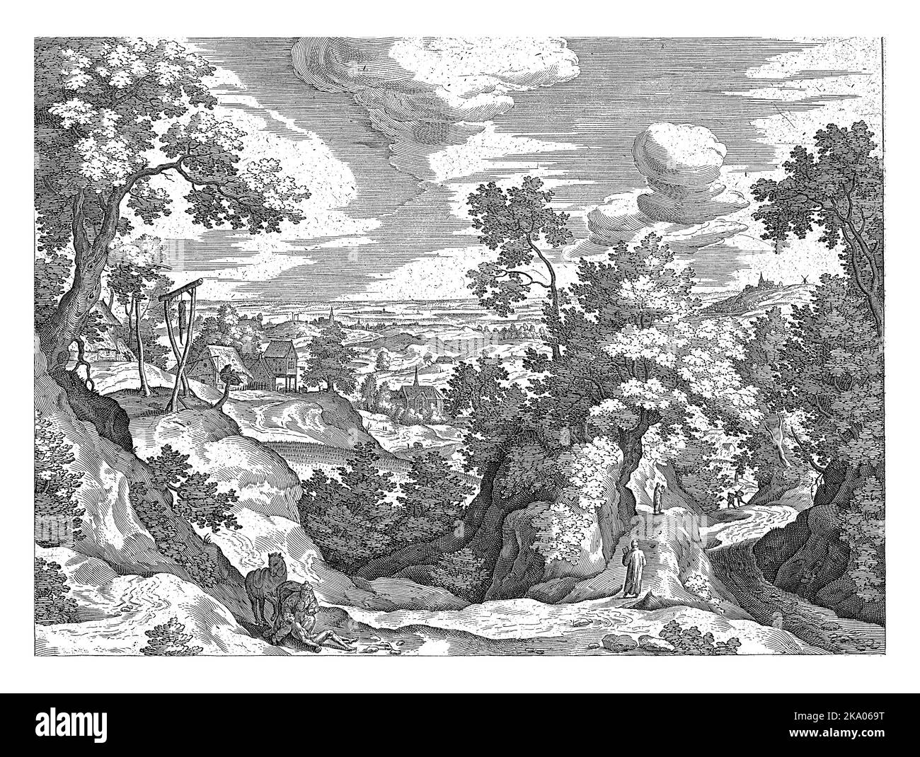 Paesaggio collinare con poche case. In primo piano, il buon samaritano che tende al viaggiatore ferito. Sullo sfondo il sacerdote e il Foto Stock