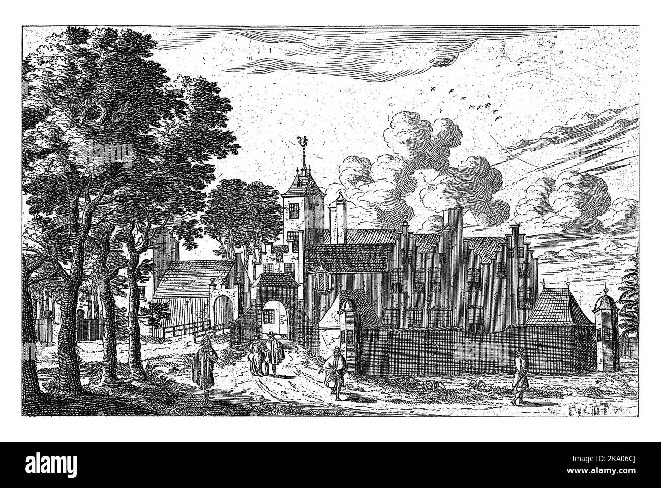 Vista del castello di Ter Noot, costruito nel 1596, nelle vicinanze dell'attuale Bezuidenhout all'Aia. In primo piano un gruppo di alberi e cinque persone o Foto Stock