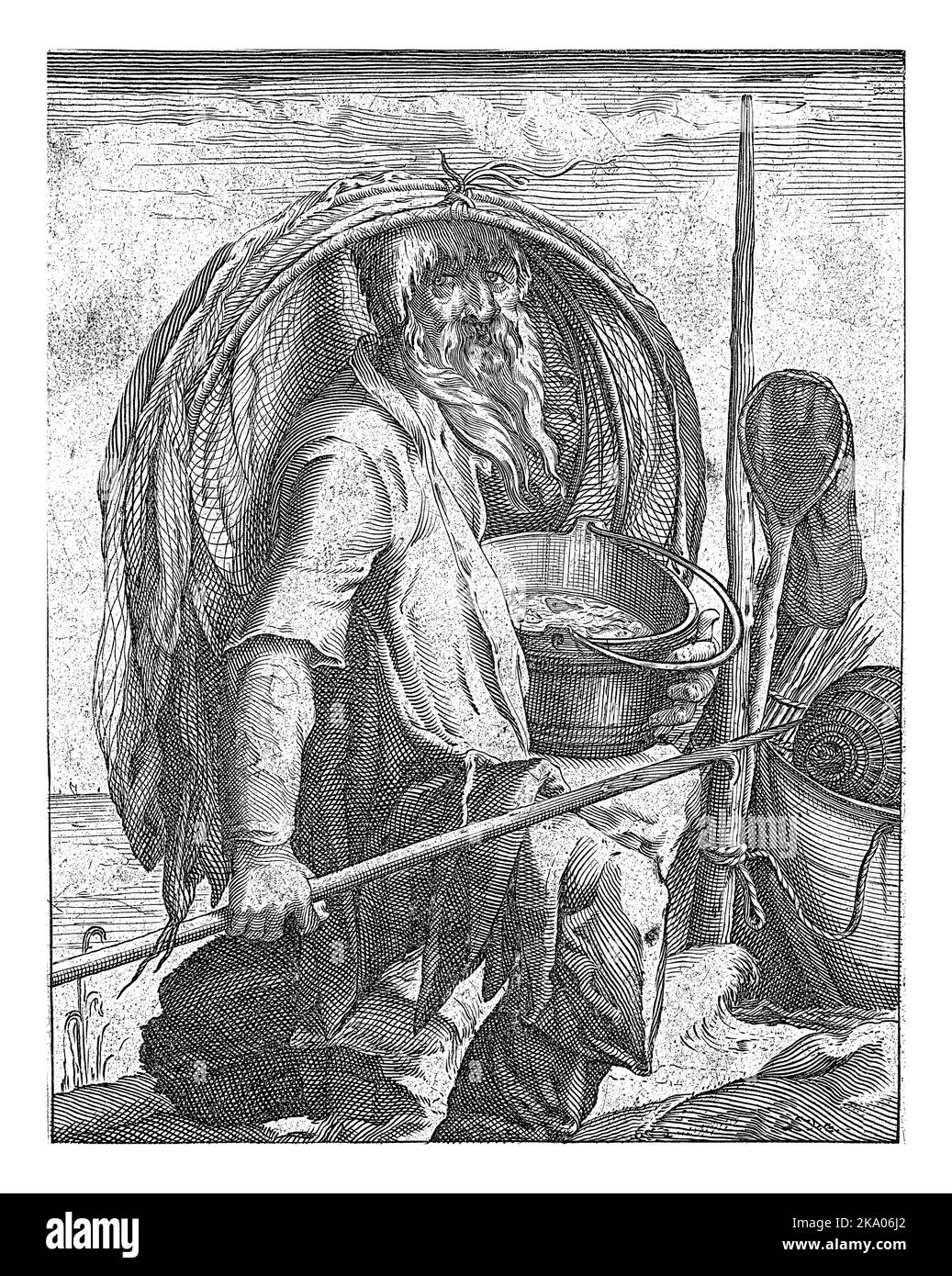 Un pescatore con i suoi attrezzi (rete, secchio, arpione) in mano. Simboleggia l'elemento dell'acqua. La stampa ha una didascalia olandese con un lamento del Foto Stock