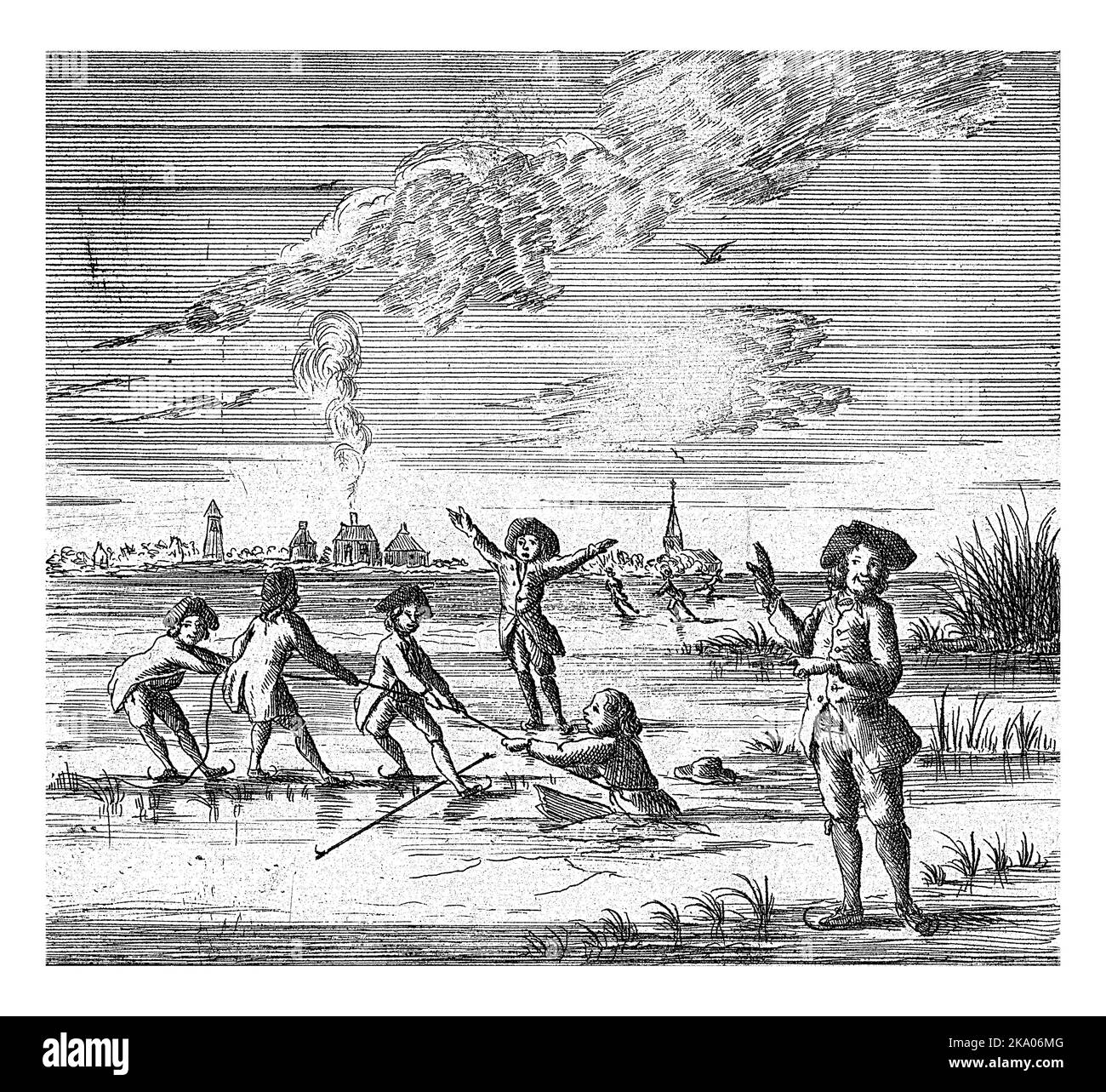 Paesaggio invernale con una donna che è caduta attraverso il ghiaccio. Tre uomini la sollevano dal ghiaccio su una corda. Foto Stock