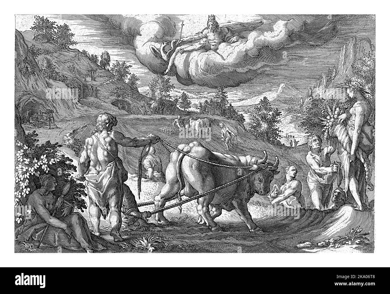 Raffigurazione della vita durante l'Età dell'Argento: Uomini con un rivestimento scantinato arano e seminano e costruiscono capanne. Nelle nuvole il dio Giove. Foto Stock