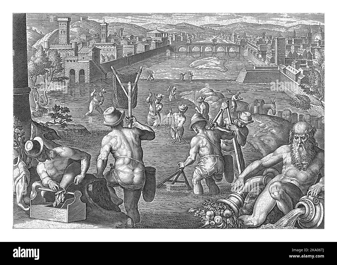 In un fiume, il pesce viene catturato mediante una rete di sbarco. La stampa ha una didascalia latina ed è parte di una serie di 43 parti sulla caccia. Foto Stock