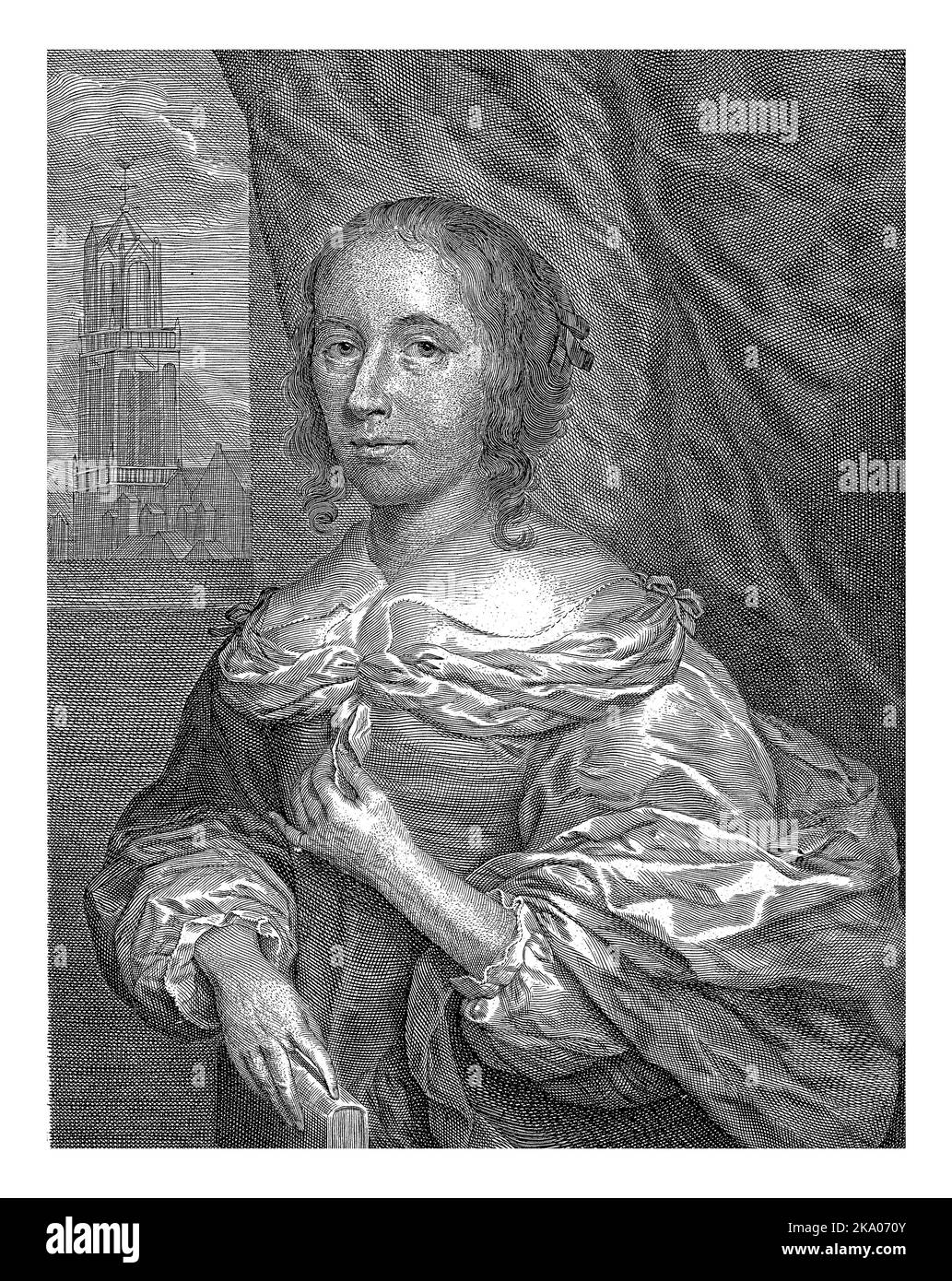 Ritratto di Anna Maria van Schurman, in piedi a metà lunghezza di fronte al drappeggio accanto a una vista della Torre del Duomo di Utrecht. Foto Stock