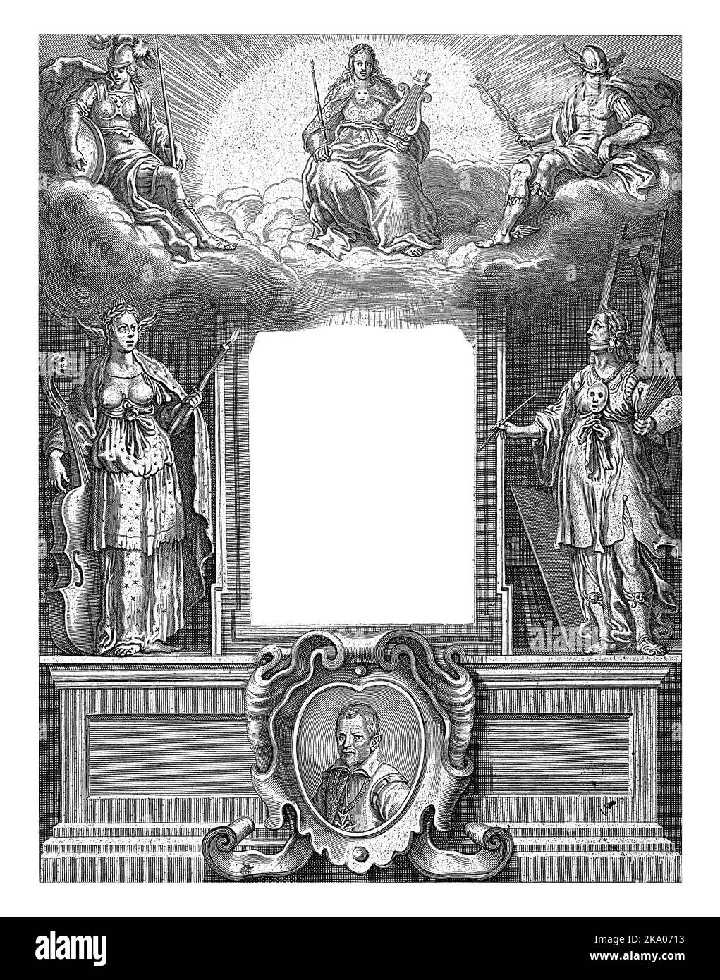 Minerva, Apollo e Mercurio seduti sulle nuvole. Sotto si trova una cornice con il titolo in olandese, affiancata da Poesia e Pittura. Foto Stock