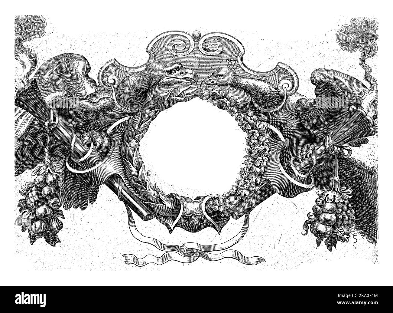 Cartouche con il titolo della serie, fiancheggiata da un'aquila a sinistra e da un pavone a destra. Il cartouche è decorato con torce brucianti e Foto Stock