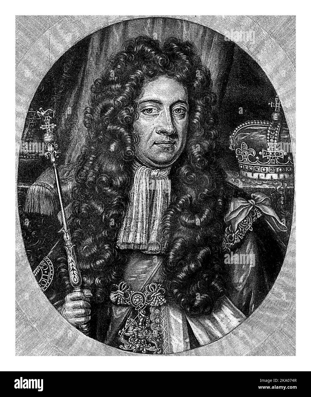 Giorgio i, re di Gran Bretagna. In mano lo scettro e accanto a lui la corona. Indossa la collana dell'Ordine del Garter. Nel mar Foto Stock