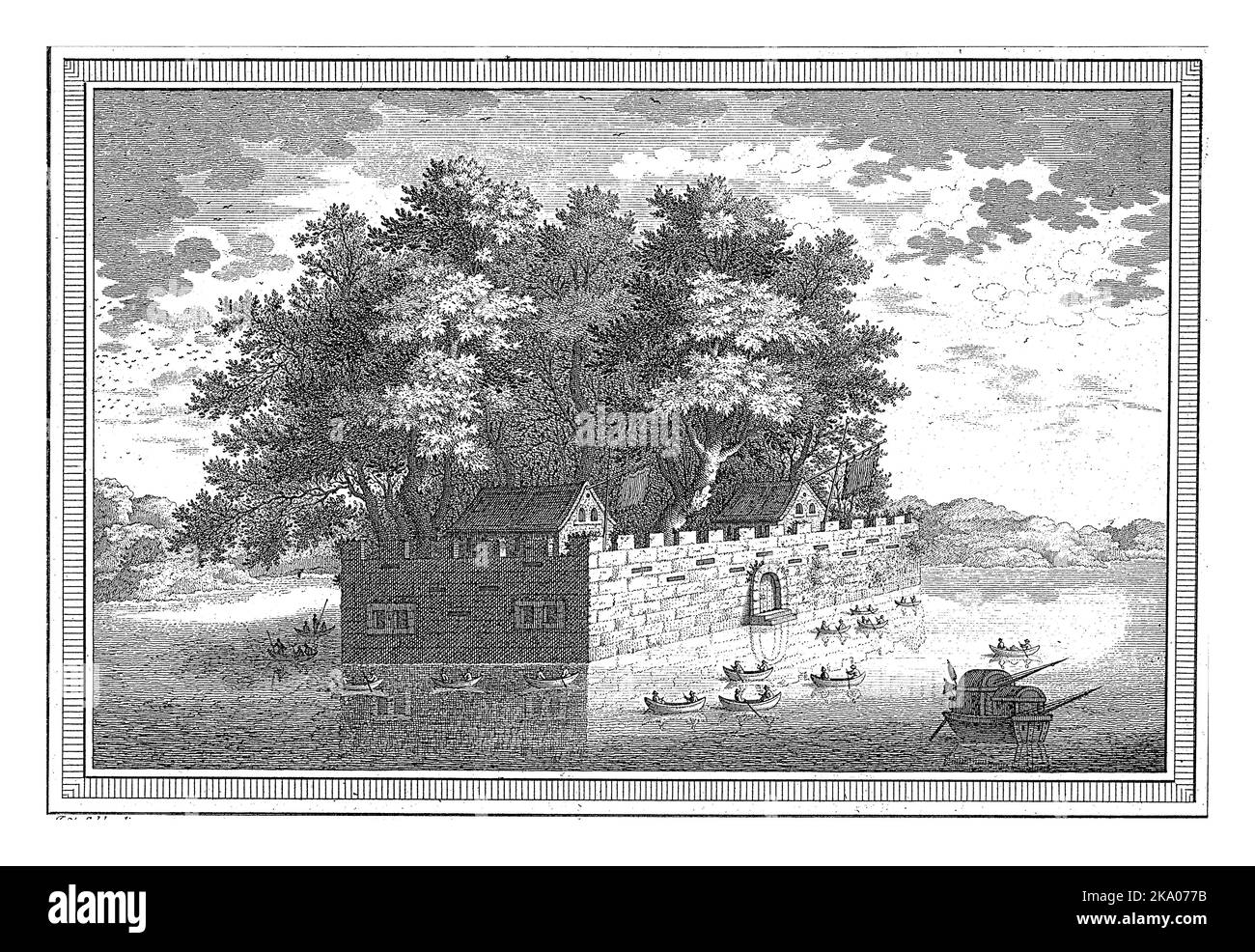 Vista su una fortezza in pietra di Canton, circondata dall'acqua. All'interno della fortezza ci sono due edifici e alberi. Molte barche a remi in acqua. Foto Stock Vista su una fortezza in pietra di Canton, circondata dall'acqua. All'interno della fortezza ci sono due edifici e alberi. Molte barche a remi in acqua. Foto Stock