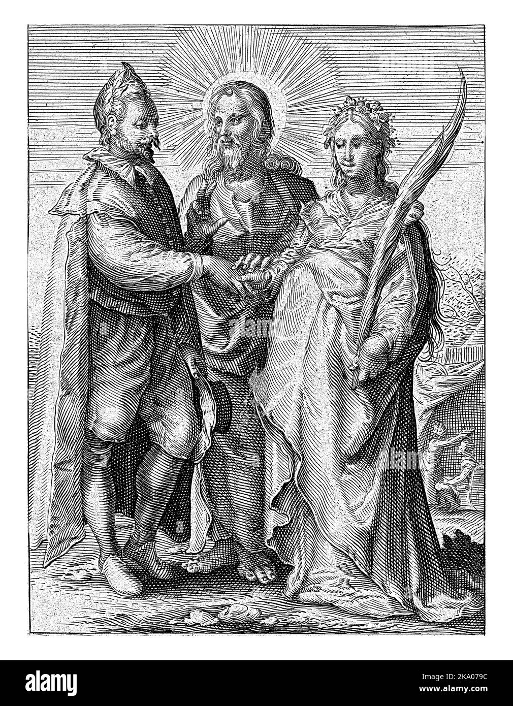 Il matrimonio per amore spirituale concluso da Cristo, Jan Saenredam, dopo Hendrick Goltzius, 1575 - 1657 Cristo sposa un uomo e una donna, che simboleggiano Foto Stock