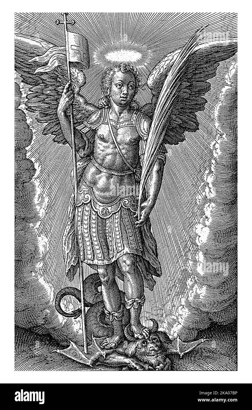 Arcangelo Michele, Hieronymus Wierix, 1563 - prima del 1619 l'Arcangelo Michele sottomette il drago. In mano tiene un bastone della croce con una ba Foto Stock