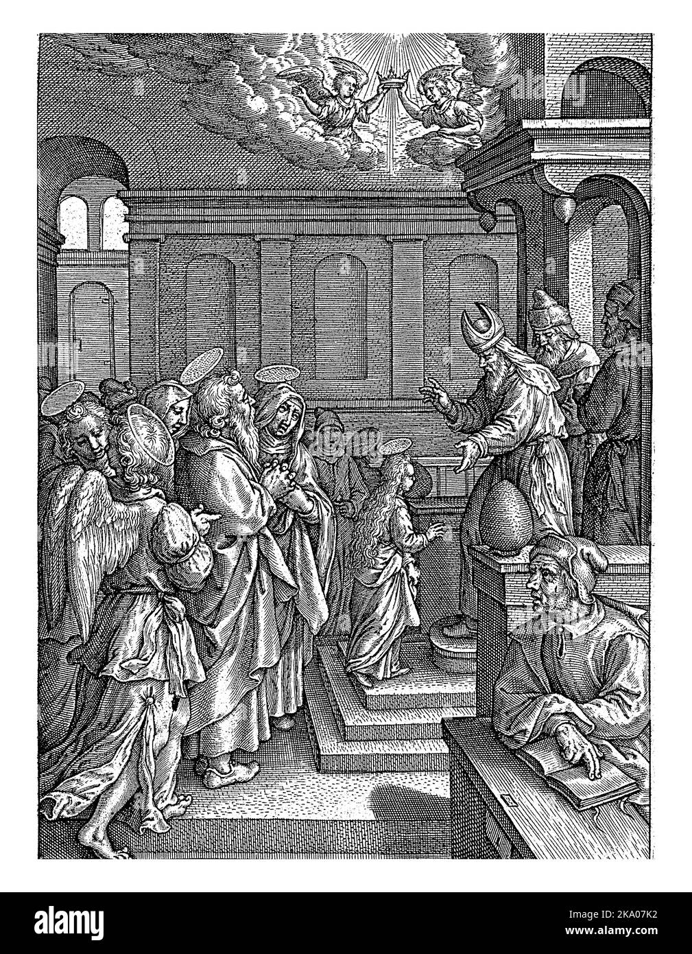 Presentazione di Maria nel Tempio, Hieronymus Wierix, 1563 - prima del 1619 la giovane Maria è accompagnata dal padre, dalla madre e dagli angeli Foto Stock
