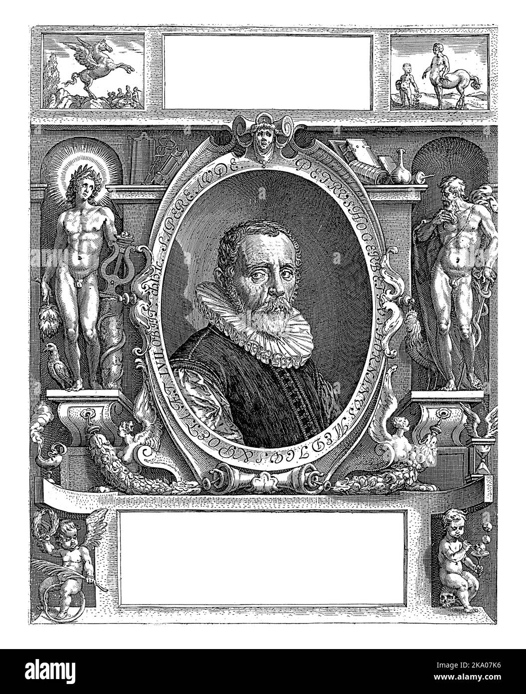 Busto a destra del medico e poeta Petrus Hogerbeets in una cornice ovale con un testo latino sul bordo, contenente informazioni sulla persona por Foto Stock