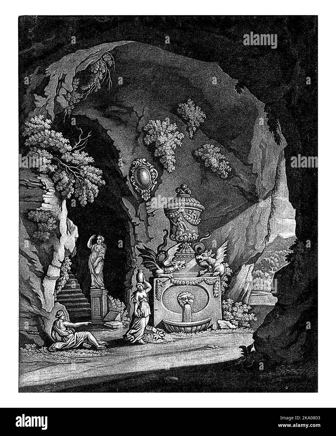 Due ninfe all'ingresso di una grotta. Accanto all'ingresso si trova una fontana decorata con draghi. Foto Stock