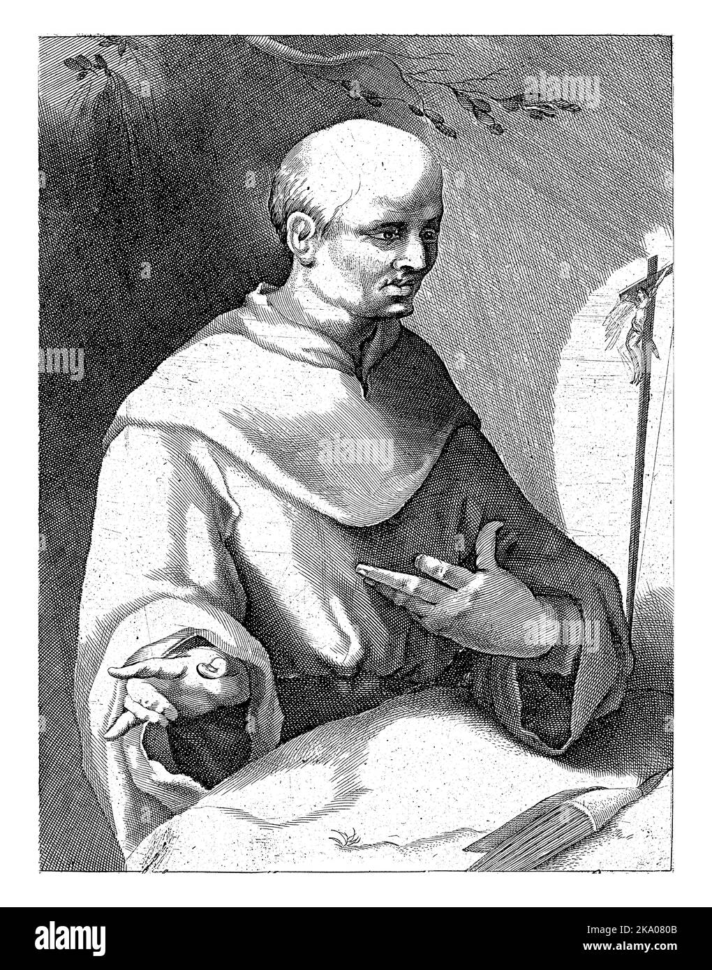 San Francesco d'Assisi con un crocifisso e un libro aperto. Foto Stock