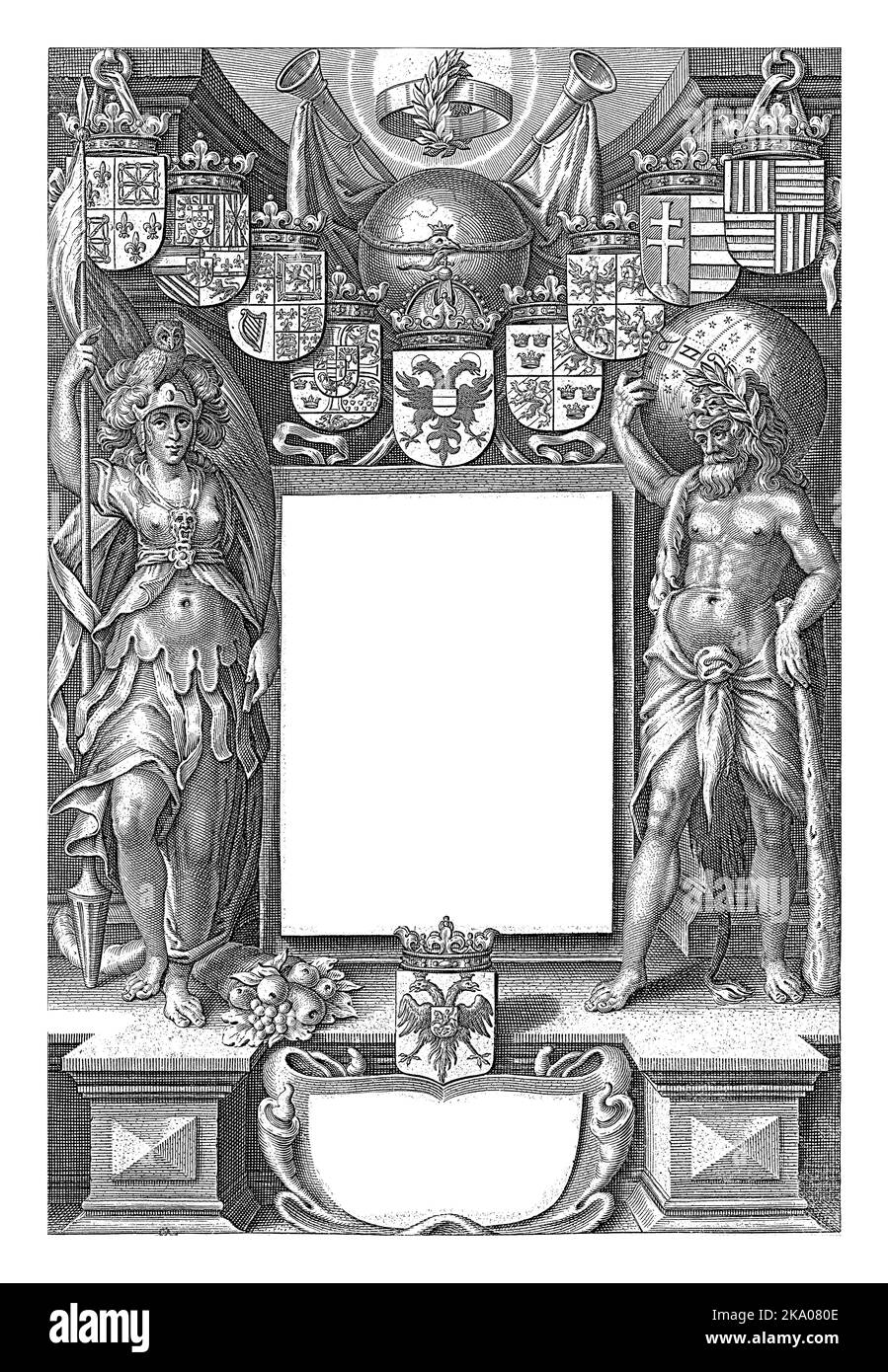Hercules e Minerva in piedi su entrambi i lati di un cartouche titolo, coronato da stemmi, globo e trombe, Willem Jacobsz. Delff, 1615 Cartouc Foto Stock