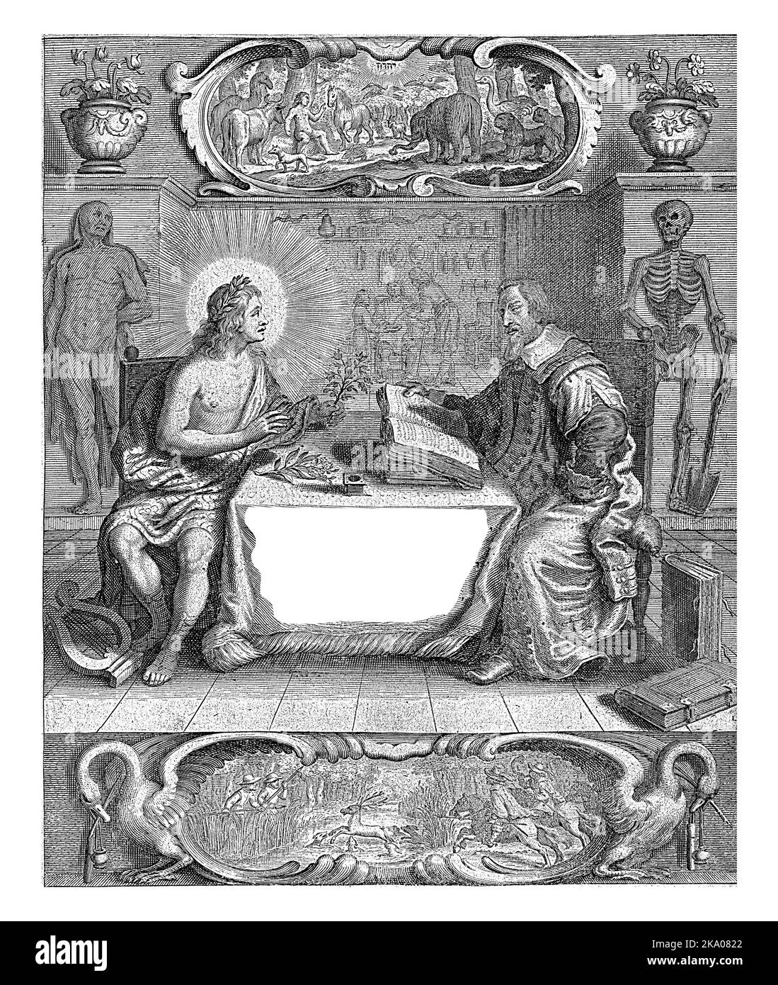 Il medico Johan van Beverwijk studia libri e siede al tavolo con Apollo in un interno con un'immagine di una procedura medica: Un sangue sopra Foto Stock