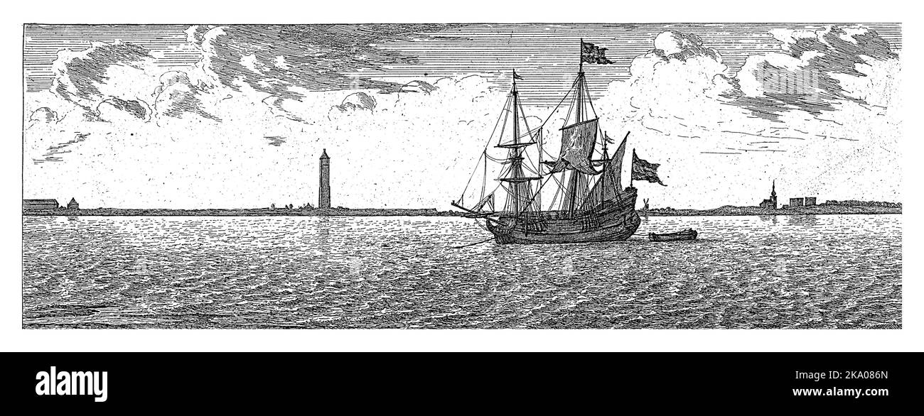 Vista del lato ovest del Maas con la città di Oostvoorne e un faro di pietra fuoco sullo sfondo. Foto Stock