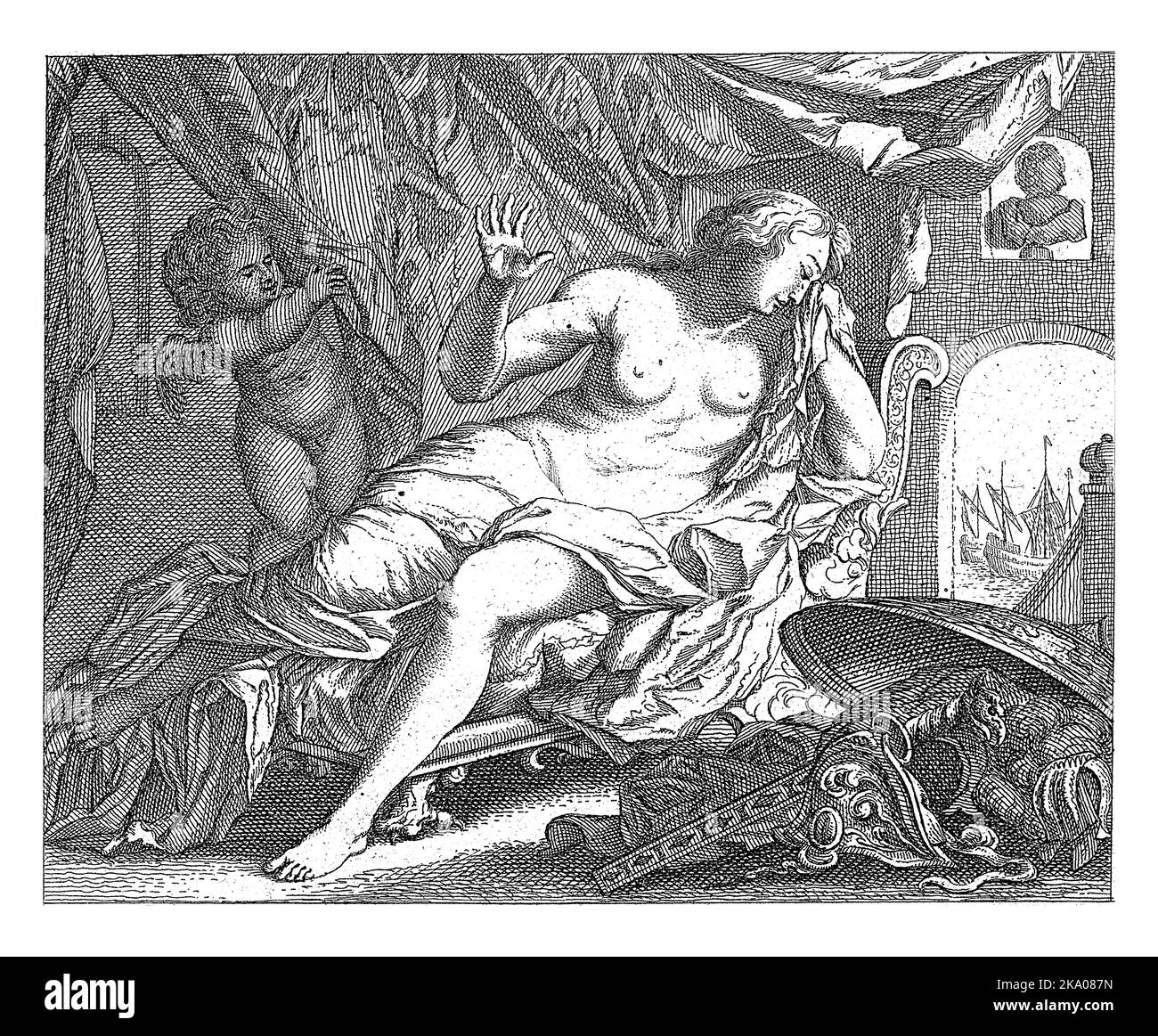 Dido su un lettino grida per Enea che l'ha lasciata. In primo piano l'armatura di Enea, sullo sfondo la sua nave in partenza. Foto Stock