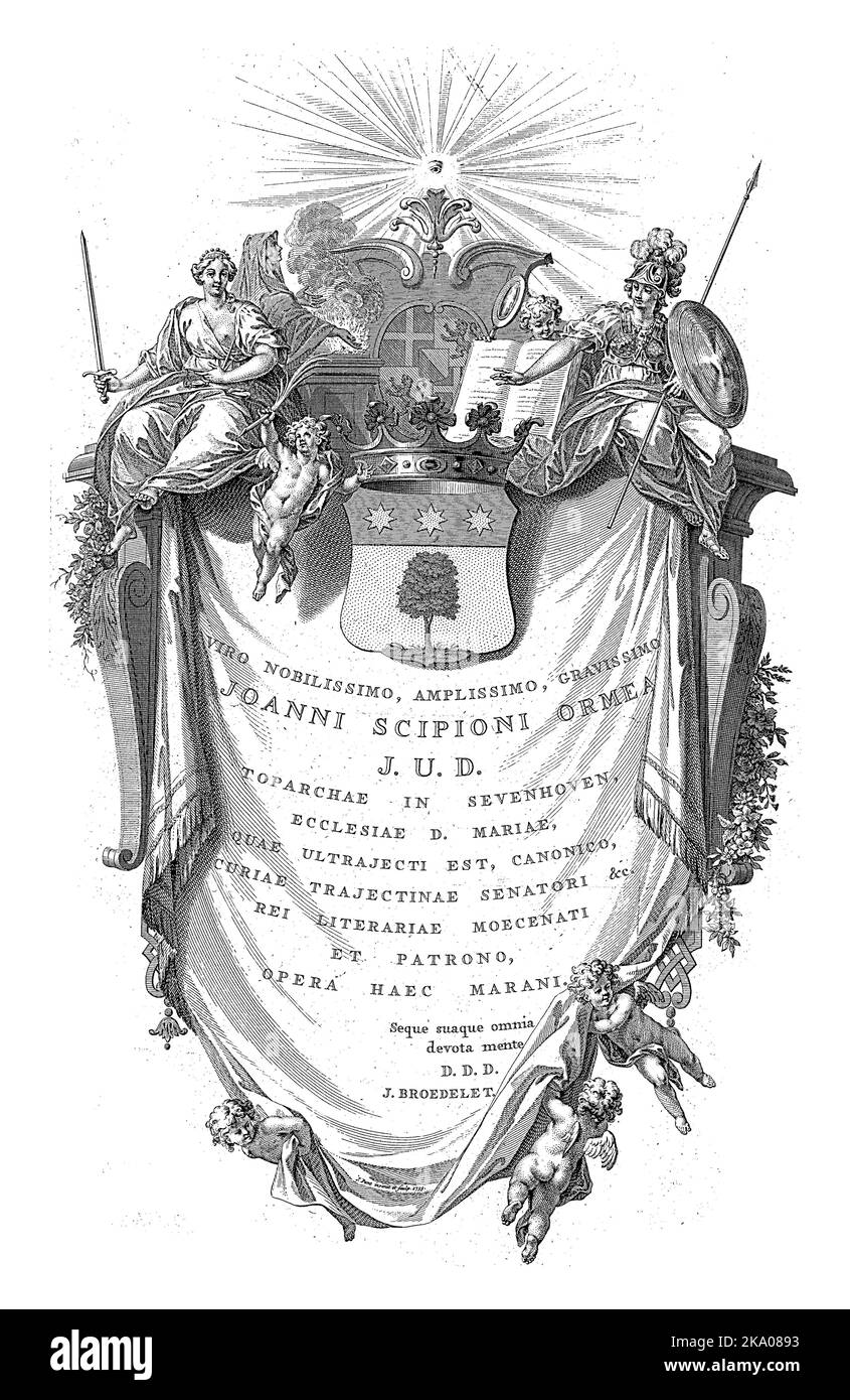 Una dedica in latino su un drappeggio, coronato con lo stemma di Johannes Scipione Ormea, signore di Zevenhoven. In alto a sinistra c'è Justice e al Foto Stock