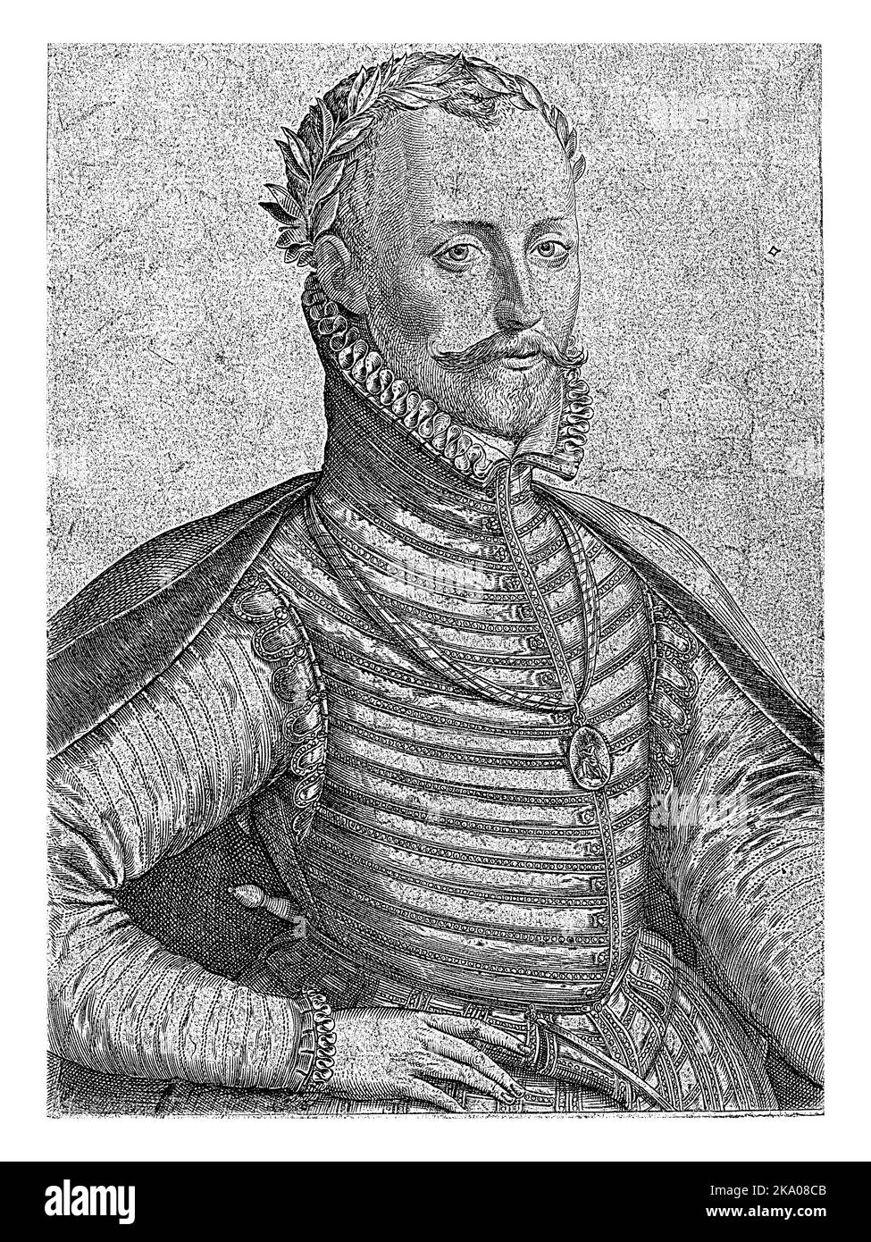 Jonker Jan van der Noot, poeta olandese, ritratto a metà lunghezza, coronato da corona di alloro. Medaglia intorno al collo con un'immagine di un musicista che suona un lyr Foto Stock