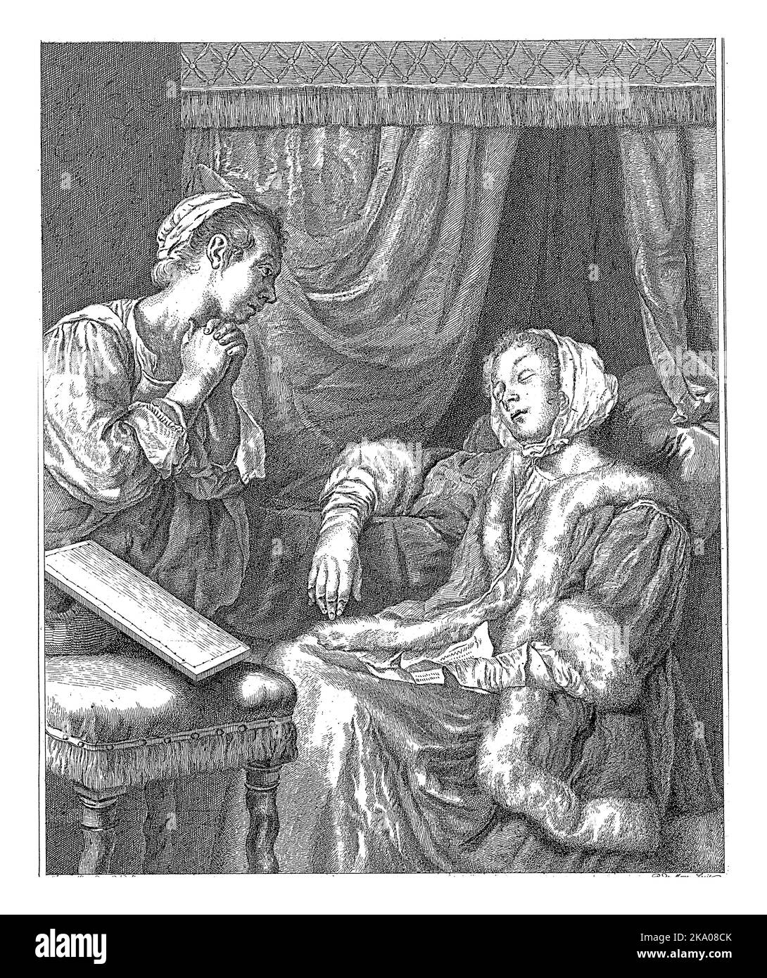 Donna in uno swoon, Pieter de Mare, dopo Frans van Mieris (i), 1768 - 1784 Una donna in uno swoon, una lettera si trova in grembo. Davanti a lei è un ricamo Foto Stock