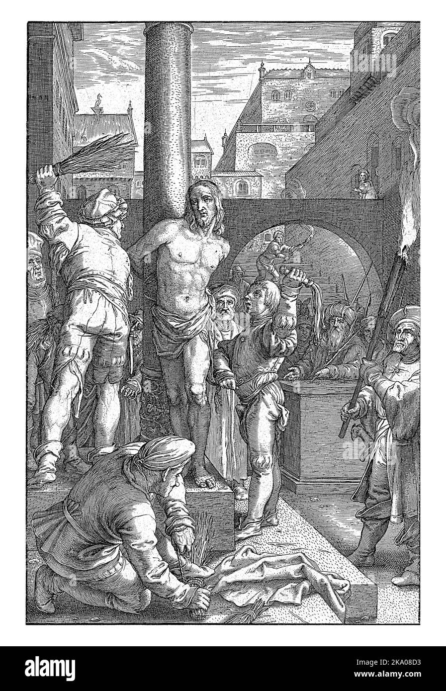 Cristo è legato ad una colonna ed è battuto da due uomini con un fascio di faghe e un flagello. Foto Stock Cristo è legato ad una colonna ed è battuto da due uomini con un fascio di faghe e un flagello. Foto Stock