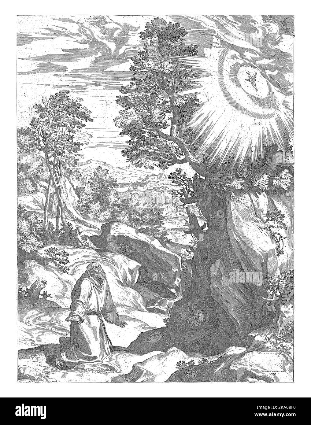 Sul Monte Alverna, Francesco ha la visione di una serafa con sei ali. Francesco vestito con semplici vesti di monaco si inginocchia e guarda la serafa. Foto Stock