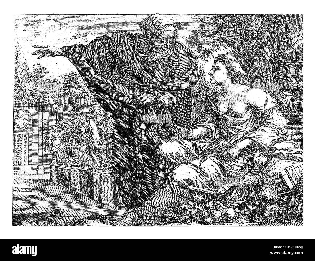 Vertumnus, travestito da vecchia donna, parlando con Pomona, seduto in un giardino classico. Foto Stock
