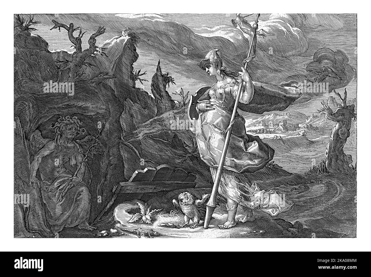 Minerva si trova nella grotta dove vive Nijd e le chiede di rendere Aglauros geloso di sua sorella HERSE. Foto Stock