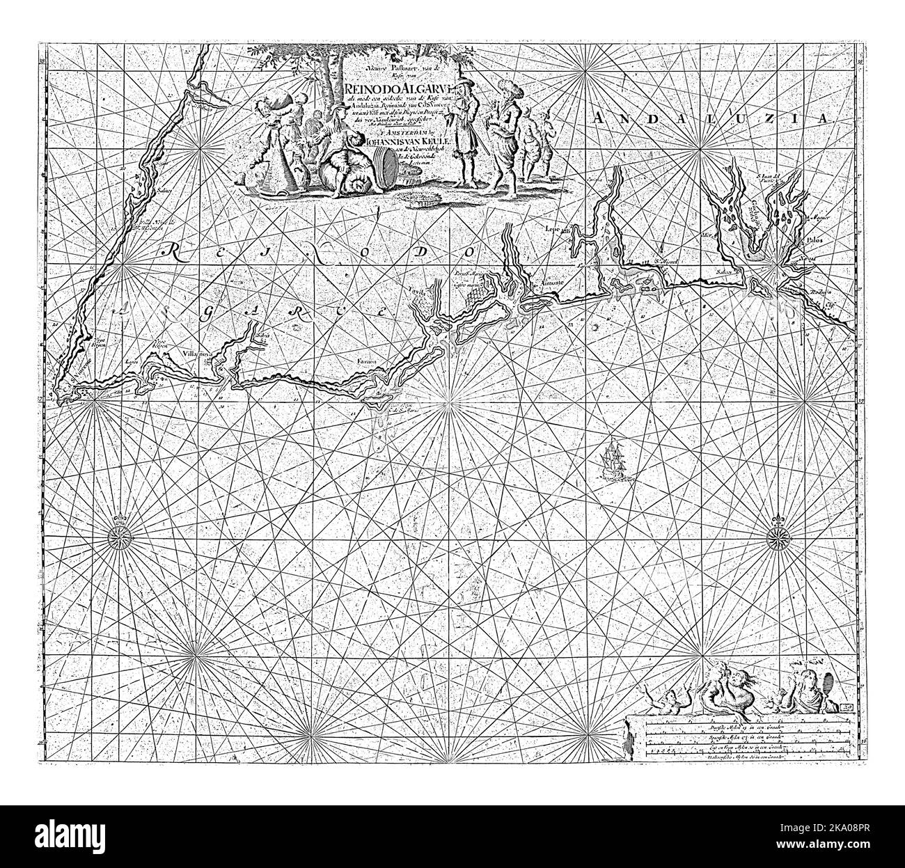 Mappa marittima di parte della costa meridionale del Portogallo e della Spagna con l'Algarve e l'Andalusia, con due rose a bussola, il nord è in cima. Foto Stock