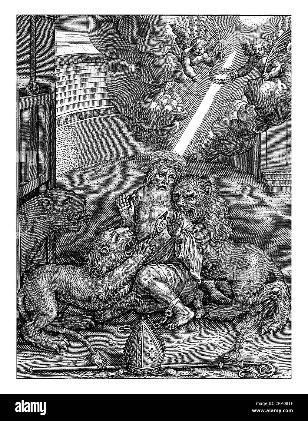 Martirio di Sant'Ignazio di Antiochia, Geronymus Wierix, 1563 - prima del 1619 in un anfiteatro Sant'Ignazio, terzo vescovo di Antiochia, è lacerato da l Foto Stock