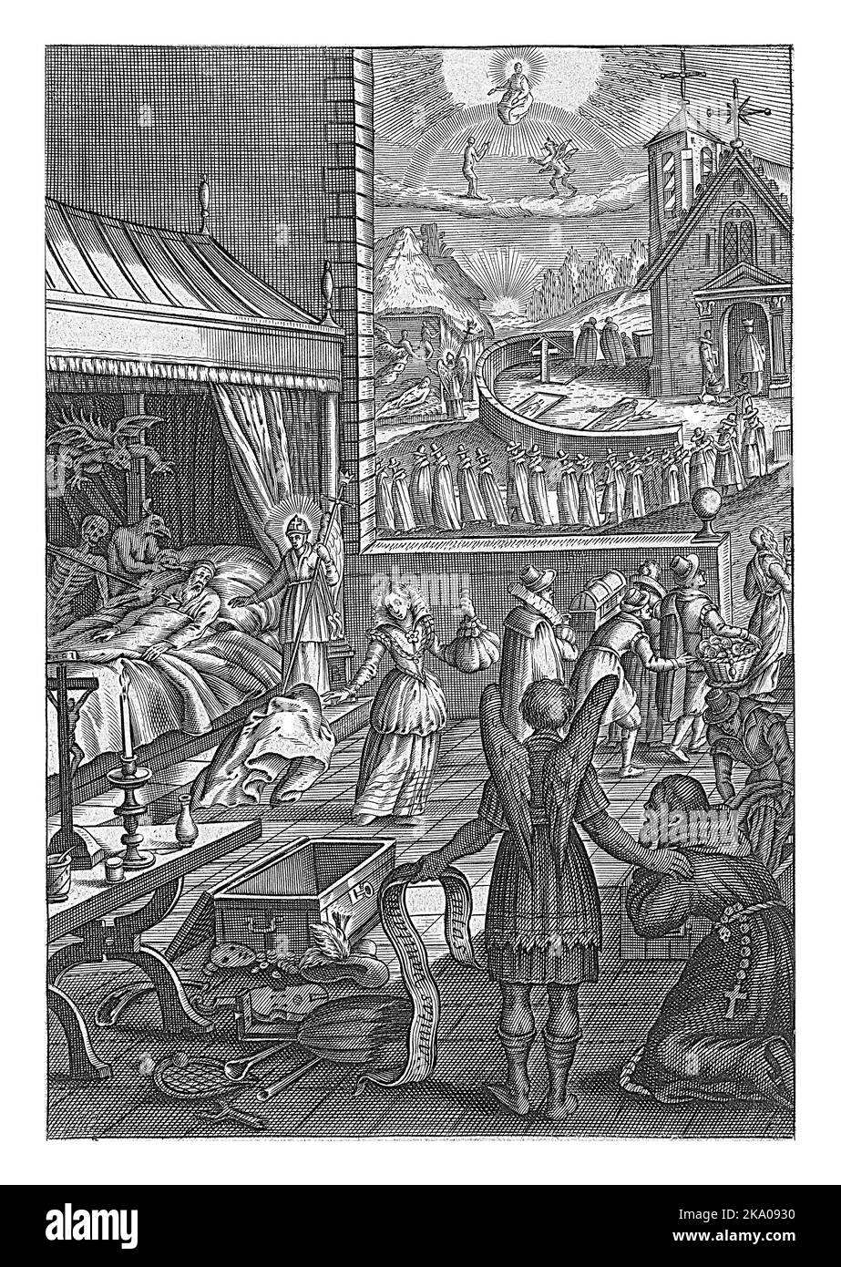 Un angelo mostra un chierico un uomo morto nel suo letto. La morte e il diavolo vengono per la sua anima mentre i suoi amici e la famiglia lo abbandonano e si staccano con il suo ri Foto Stock