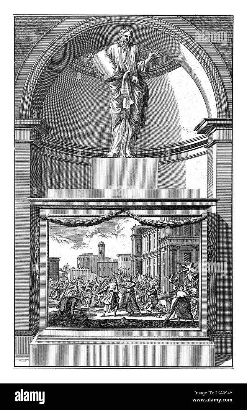 L'apostolo Giacomo il meno, Jan Luyken, dopo Jan Goeree, 1698 l'apostolo Giacomo il meno con un libro nelle sue mani. James The Less si trova su un piedistallo wi Foto Stock