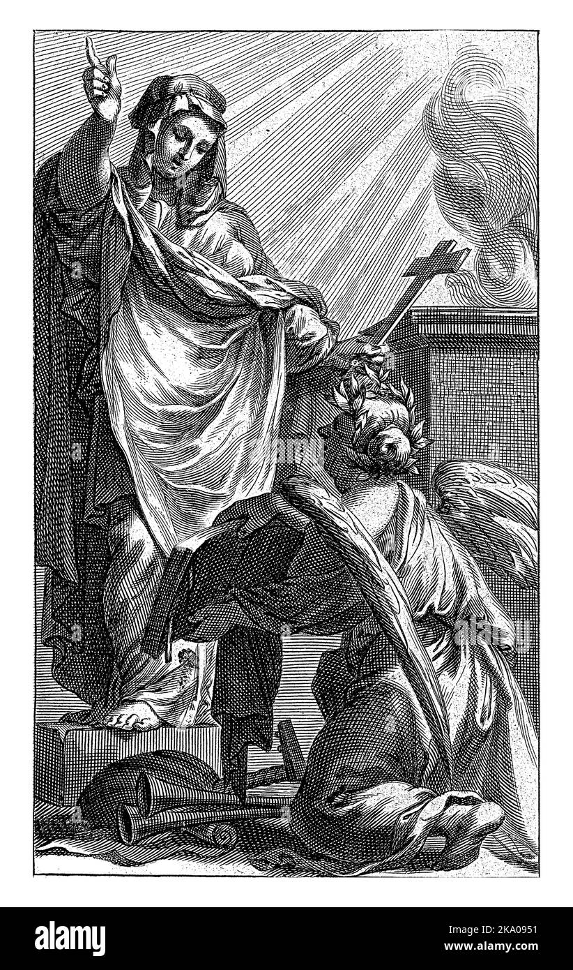 La personificazione della chiesa si trova su un piedistallo e prediche. Un angelo con una corona di alloro sulla testa, si inginocchia davanti a lei e tiene un libro ope Foto Stock