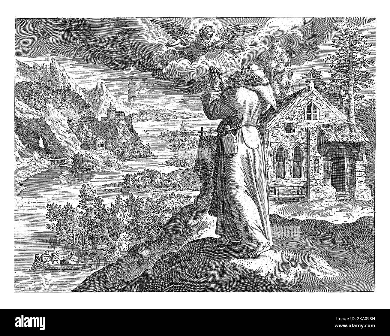 Il Santo Abate Anub come eremita. Indossa la veste di un monaco. Nel cielo una visione di un angelo. Sullo sfondo a destra si trova una chiesa. Foto Stock