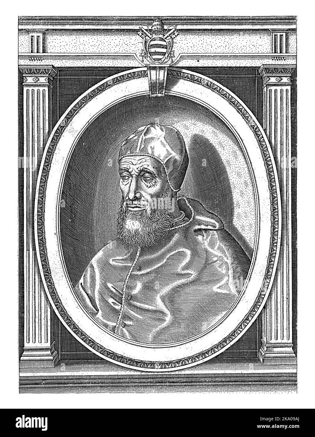 Ritratto di Papa Paolo IV vestito con gli abiti papali, con un camauro sulla testa. Busto a sinistra in una cornice ovale con scritta sul bordo. Foto Stock