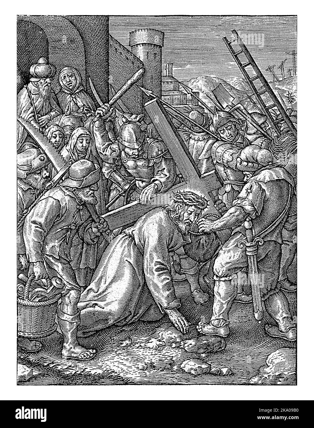 Portando la Croce, Hieronymus Wierix, 1563 - prima del 1619 Cristo cade mentre porta la sua croce al Calvario. Un soldato romano lo esorta a alzarsi. Foto Stock