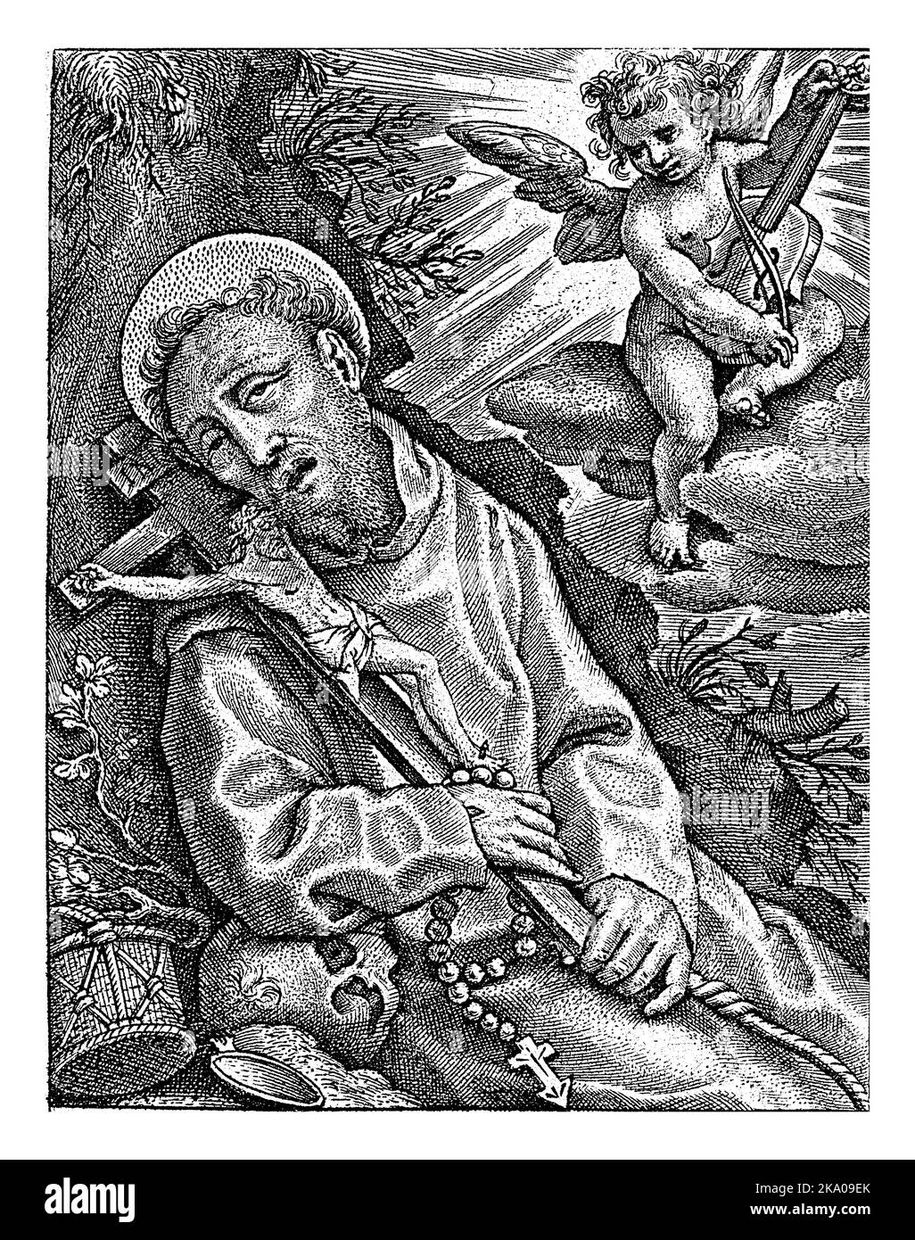 San Francesco d'Assisi in estasi, Hieronymus Wierix, dopo Francesco Vanni, 1563 - prima del 1619 San Francesco d'Assisi si appoggia in estasi contro un albero Foto Stock