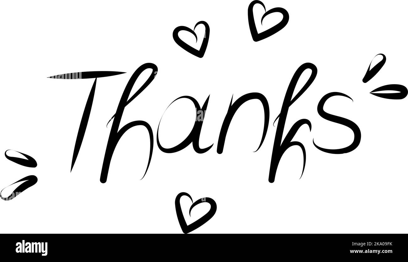 Grazie. Testo scritto a mano per il giorno del Ringraziamento con forme a cuore ed elementi di design. Adesivo. Isolare. Vettore. EPS. Design calligrafico per la stampa di biglietti d'auguri, magliette, striscioni, poster, etichette Illustrazione Vettoriale