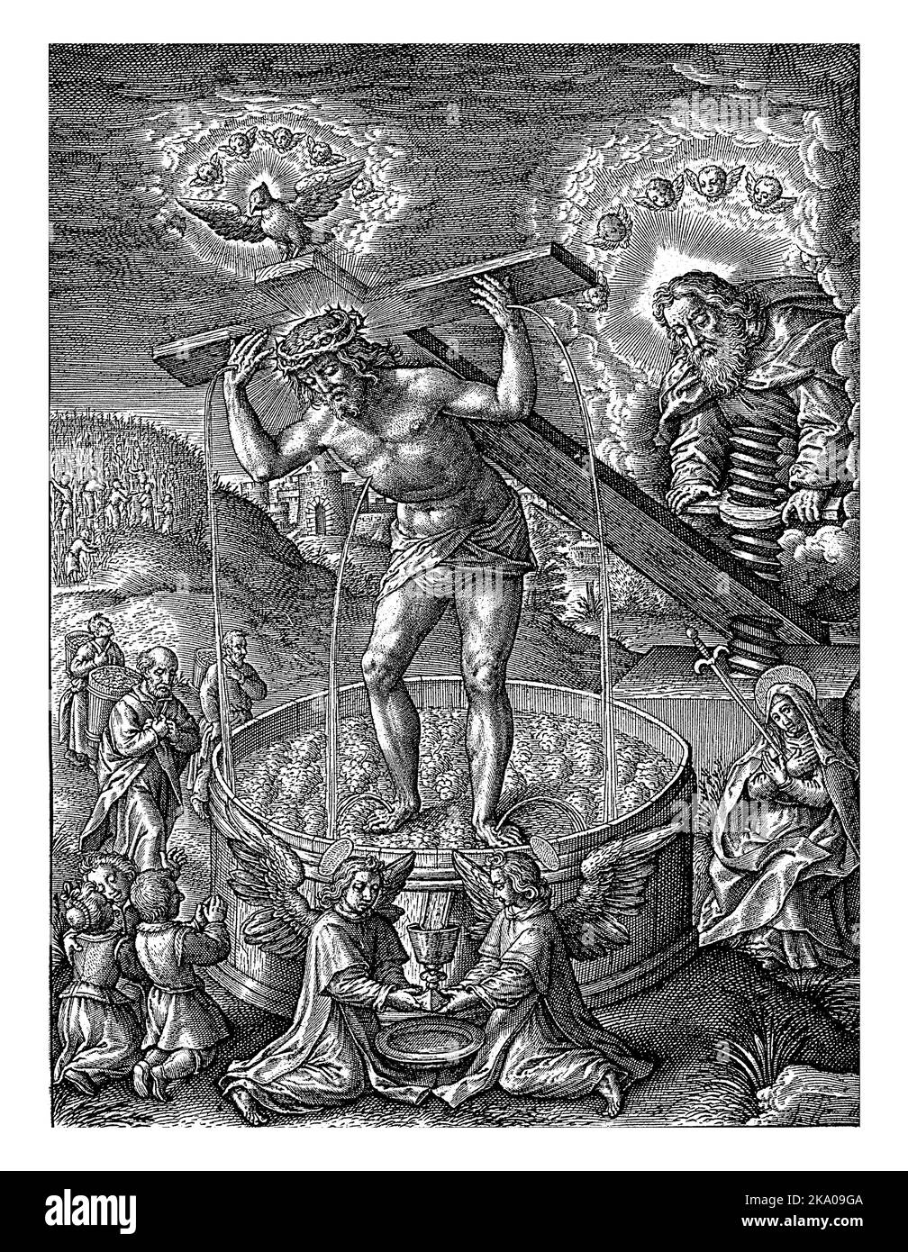 Cristo nel torchio, Hieronymus Wierix, 1563 - prima del 1619 Cristo è stoppato sotto un torchio, con la croce sulla schiena. Il sangue fluisce da h Foto Stock