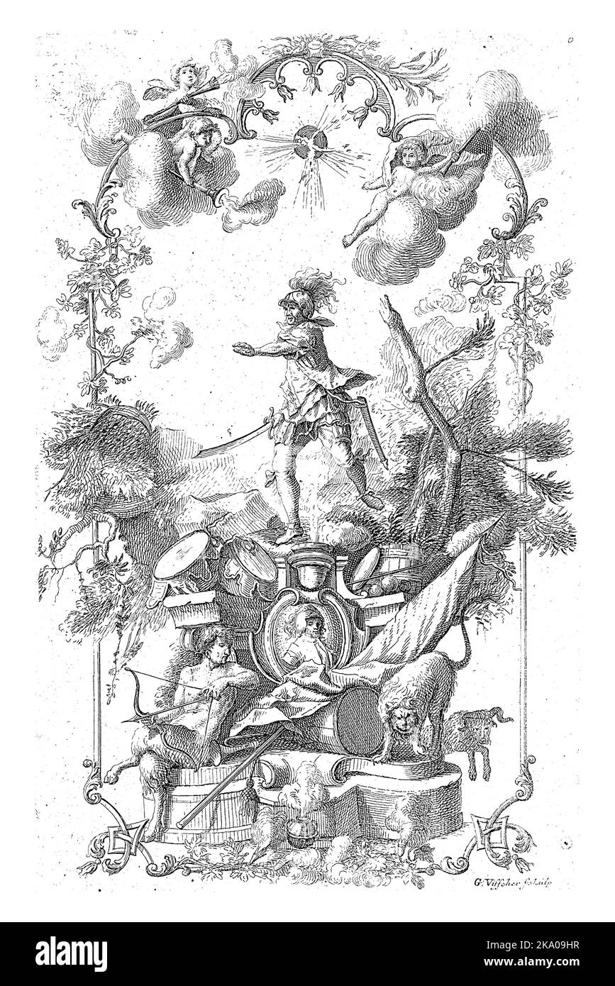 Un guerriero, forse Marte, in piedi su un seminterrato con armi di guerra. In fondo un satiro seduto e un leone. Foto Stock