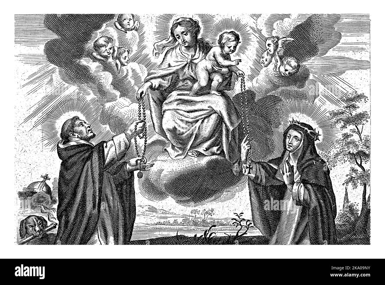 Maria con Bambino e San Domenico e Caterina da Siena, Cornelis Galle (II), 1638 - 1678 Maria con Bambino in grembo si siede tra le nuvole, circondata da b Foto Stock