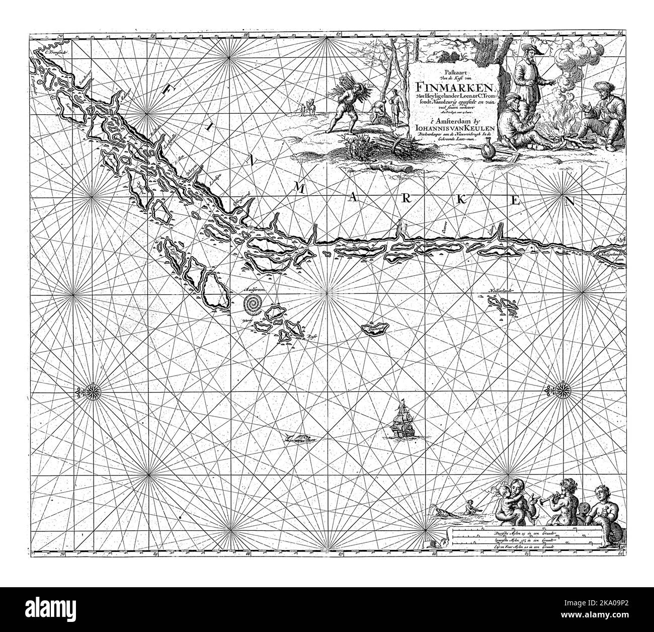 Mappa assport di un tratto della costa norvegese probabilmente parte di Finnmark, la provincia più settentrionale della Norvegia, con due rose a bussola, il nord è sulla costa Foto Stock