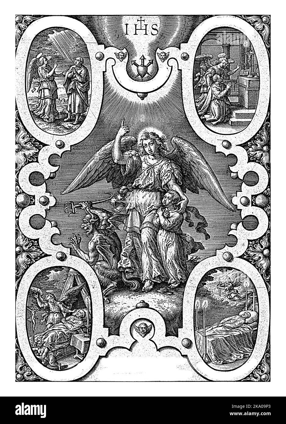 Angelo custode protegge un bambino, Hieronymous Wierix, 1563 - prima del 1619 Un angelo custode protegge un bambino contro il diavolo. L'angelo punta verso il Foto Stock