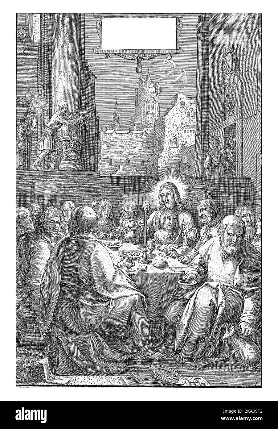 Cristo e i suoi discepoli usano l'ultima cena in un contesto architettonico. Questa stampa fa parte di una serie di dodici scene di passione. Foto Stock