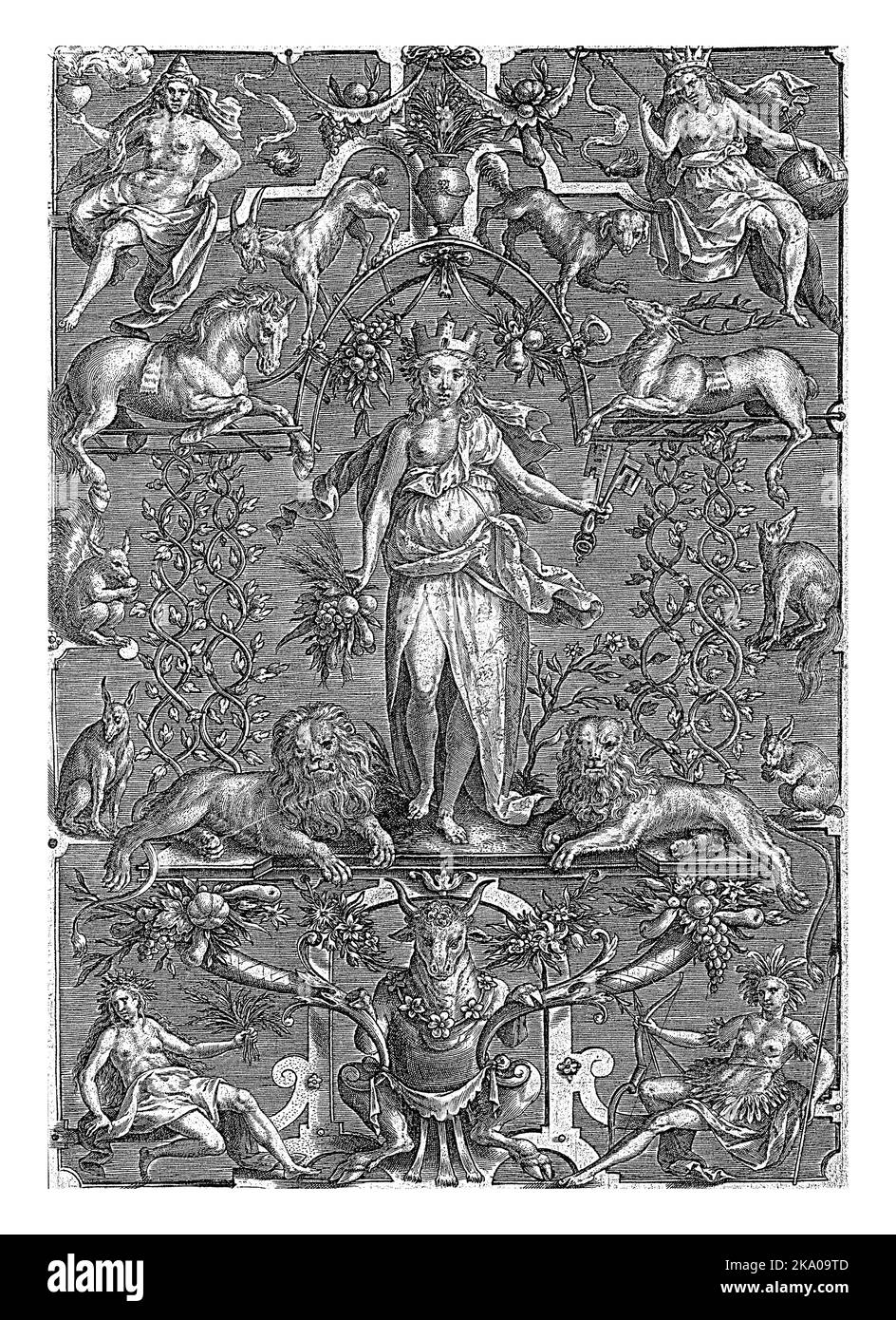 Terra (la Terra) con frutti e chiavi nelle sue mani. Intorno ai suoi vari mammiferi. La stampa fa parte di una serie con i quattro elementi, rappresentati da Foto Stock