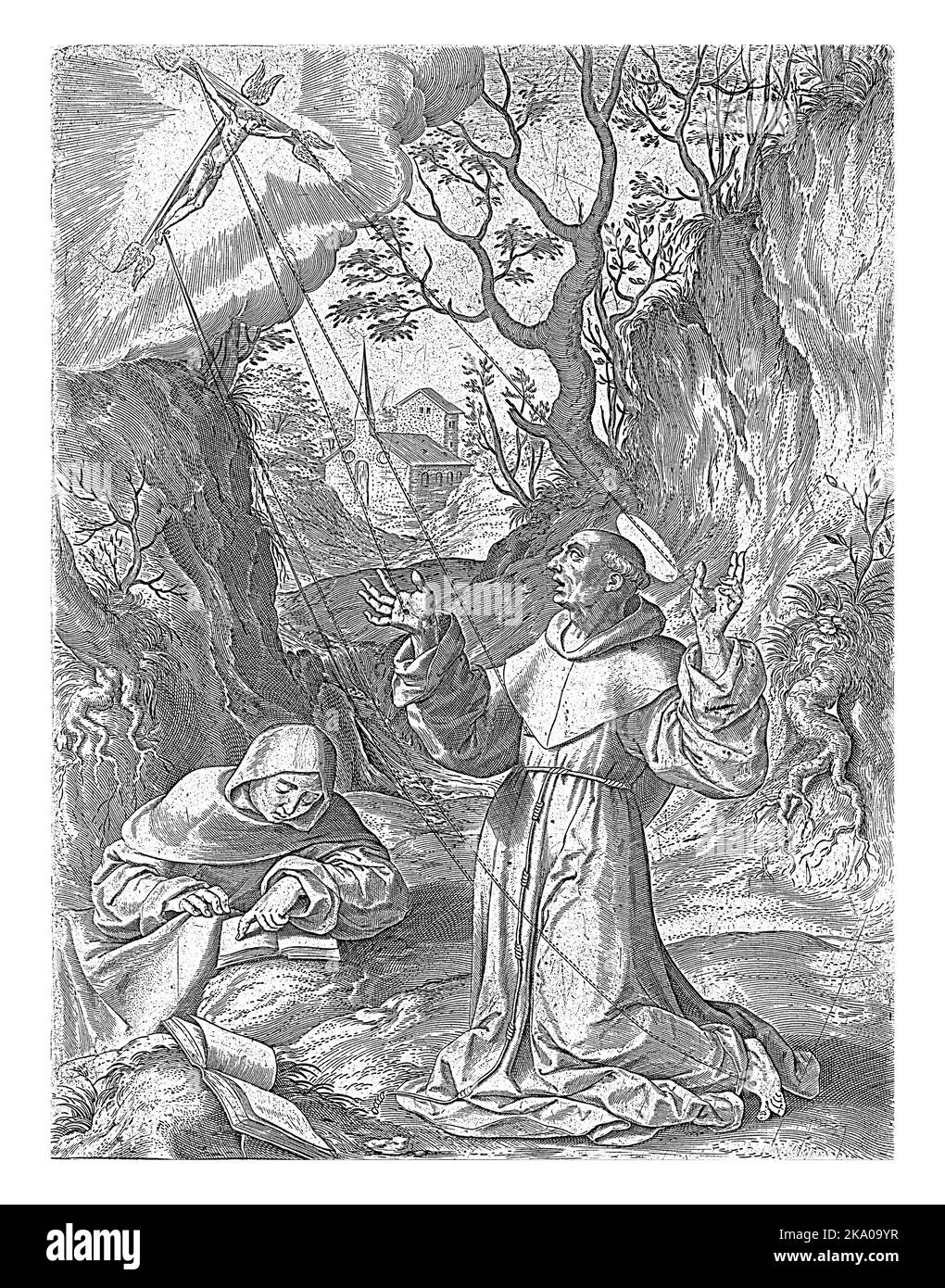 Francesco d'Assisi riceve le stimmate di Cristo, Geronymus Wierix, dopo Maerten de Vos, 1584 durante il suo soggiorno sul Monte Alverna, San Francesco riceve Foto Stock
