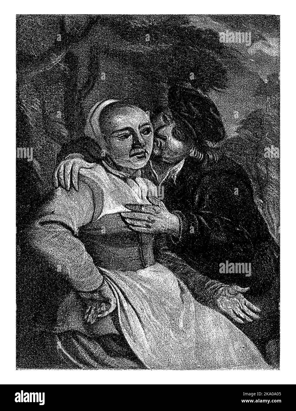 Un uomo abbraccia una donna e la bacia sulla guancia. Lei tiene la mano. Foto Stock