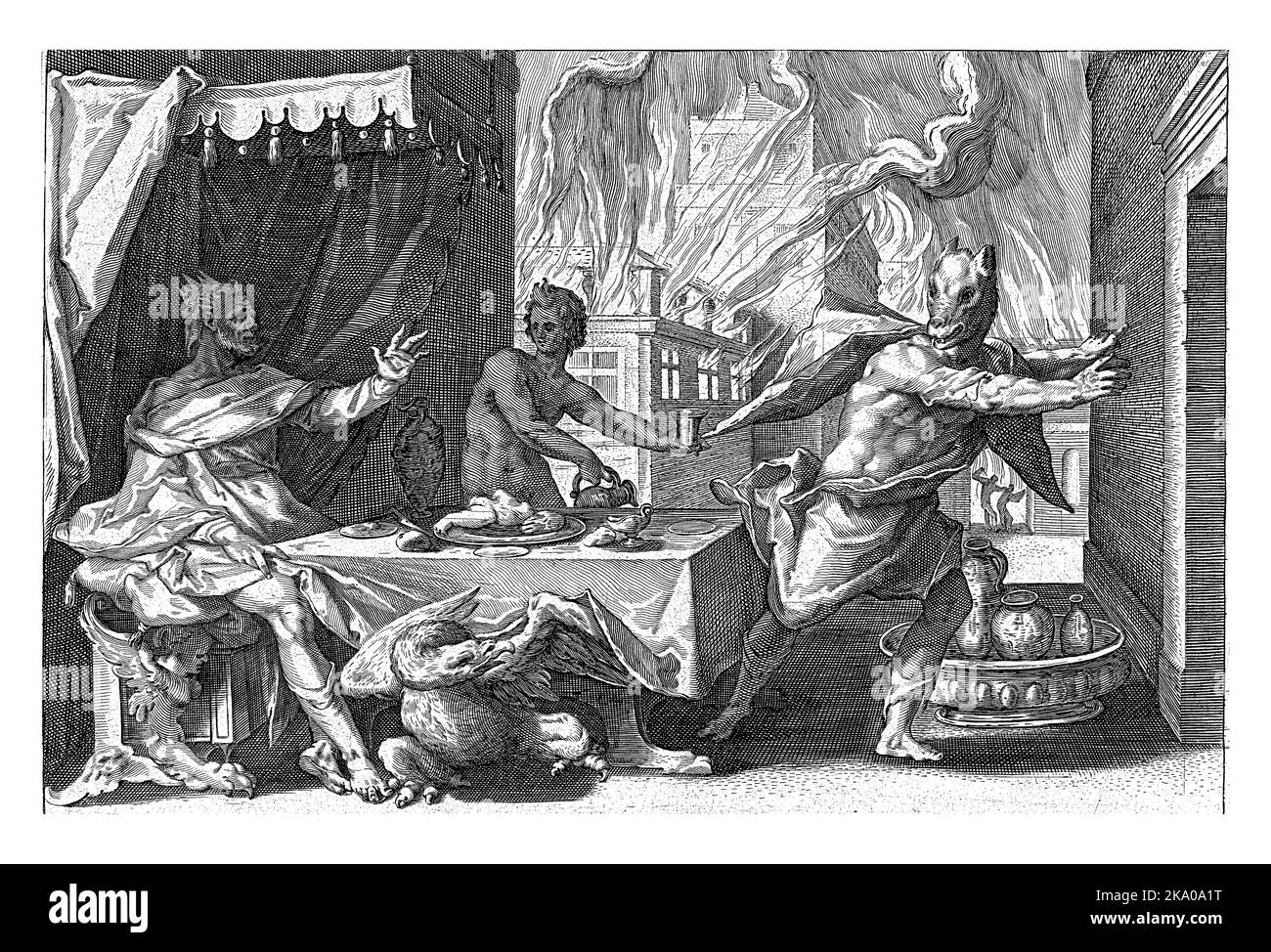 Giove siede al tavolo, l'aquila ai suoi piedi. Lycaon fugge da lui, la sua testa si trasformò già in testa di lupo Foto Stock