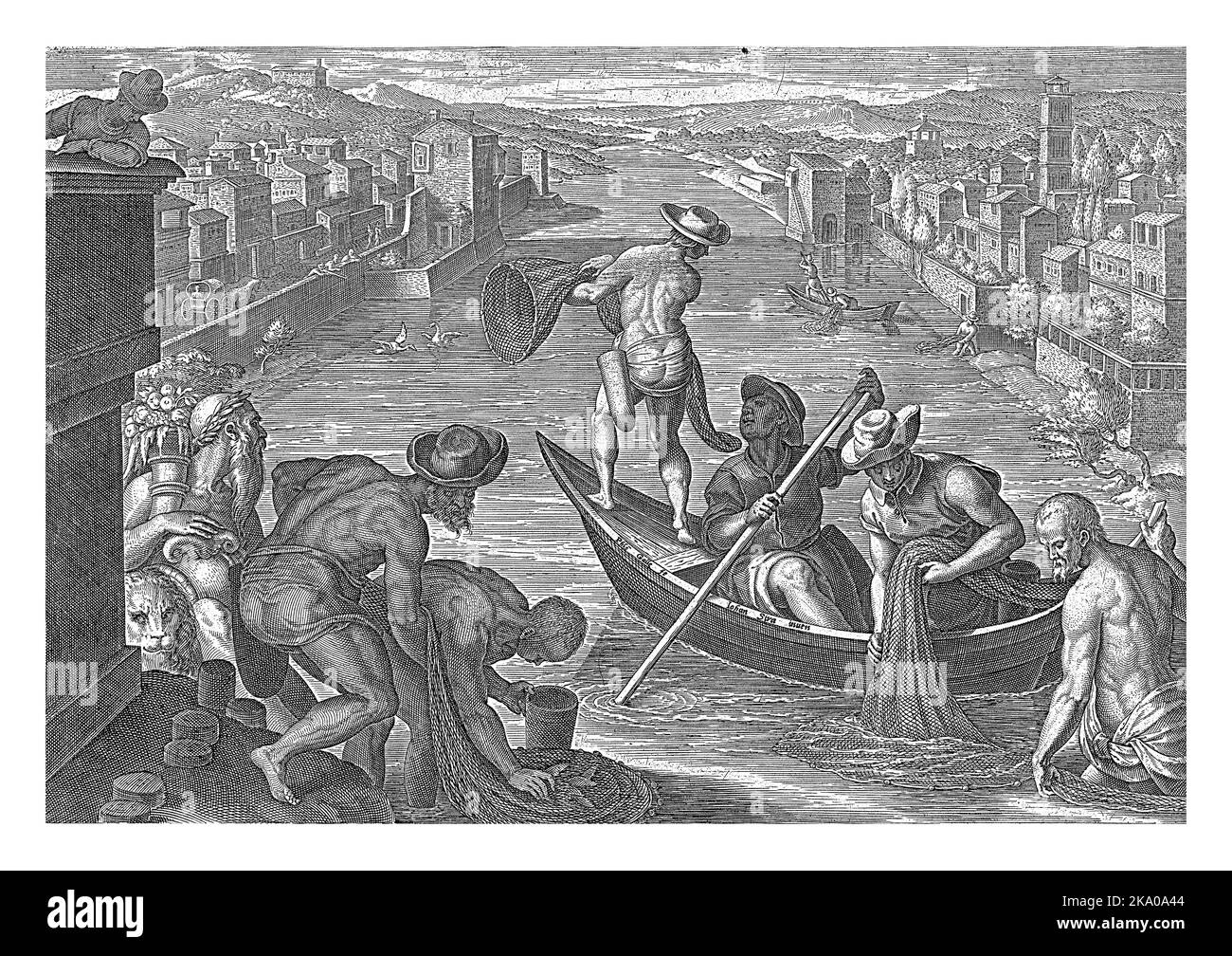 In un fiume, il pesce viene catturato mediante una rete. La stampa ha una didascalia latina ed è parte di una serie di 43 parti sulla caccia. Foto Stock