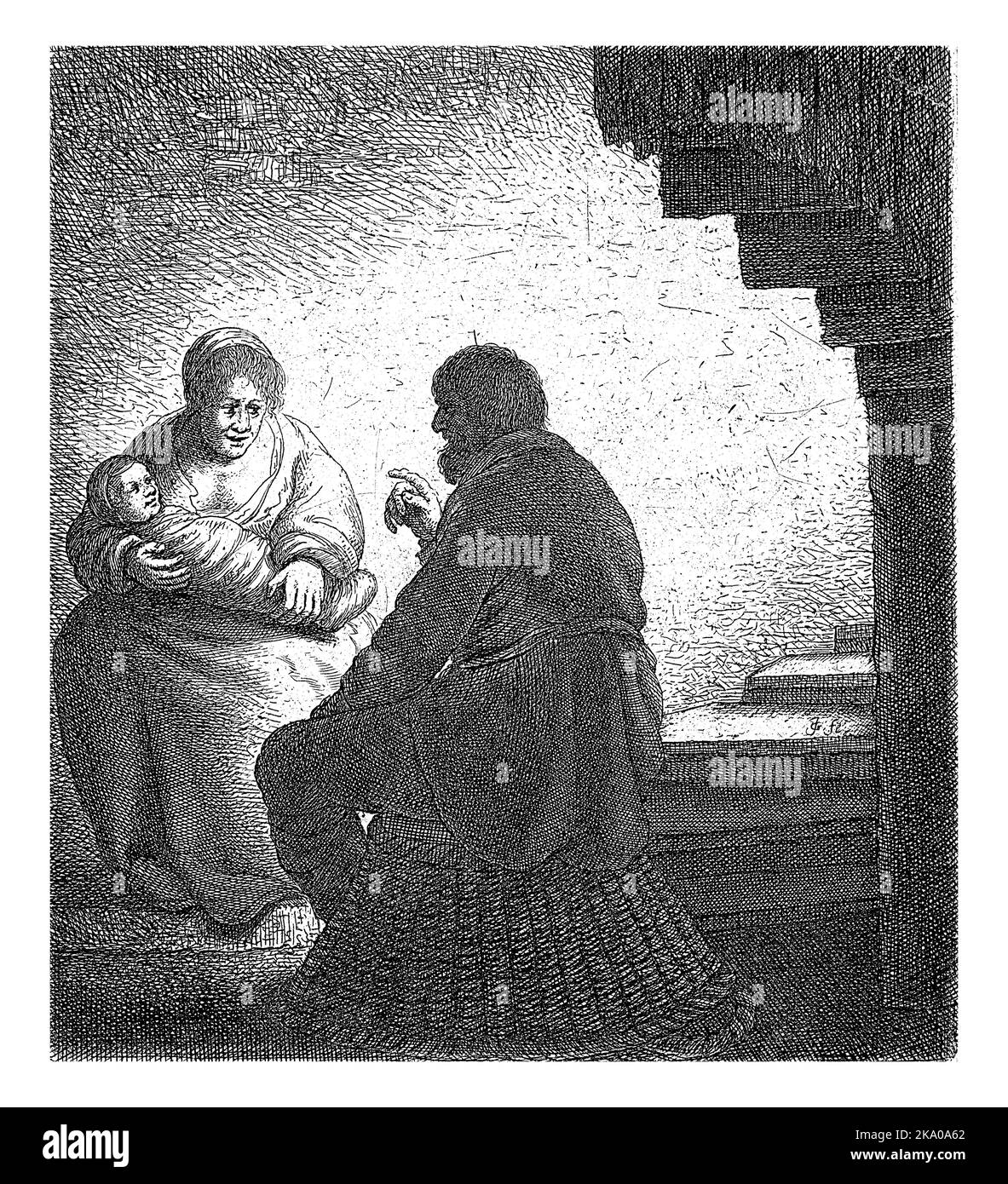 Un uomo e una donna con un bambino al forno tra le braccia convergono vicino a una scala a chiocciola. Foto Stock